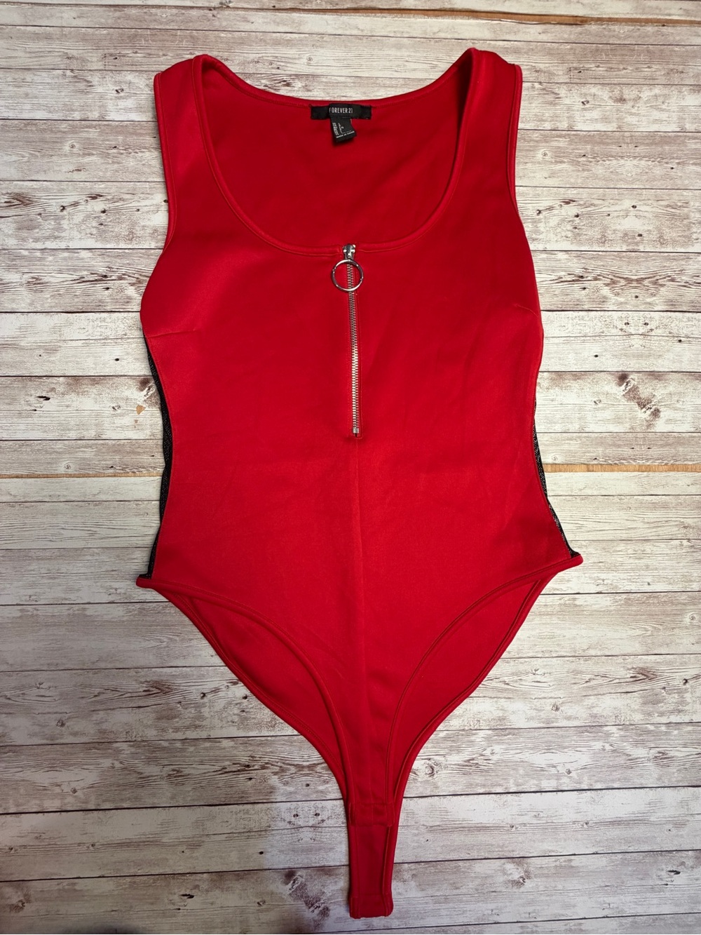 Forever 21 Red Scoop Neck bodysuit with Front Ring Zipper
